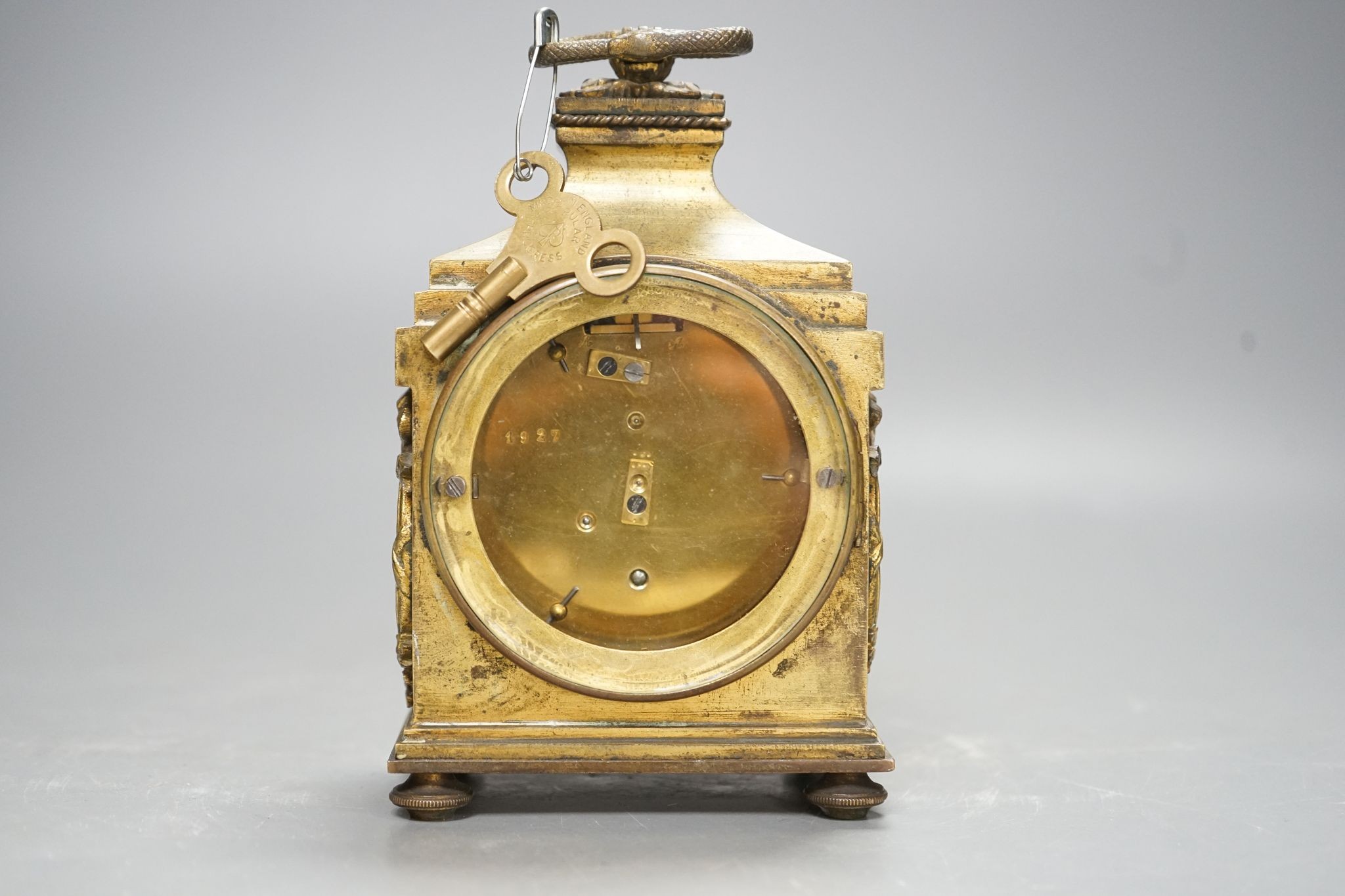 A French ormolu Pendule D'Officier timepiece, with key, circa 1900, 16cm